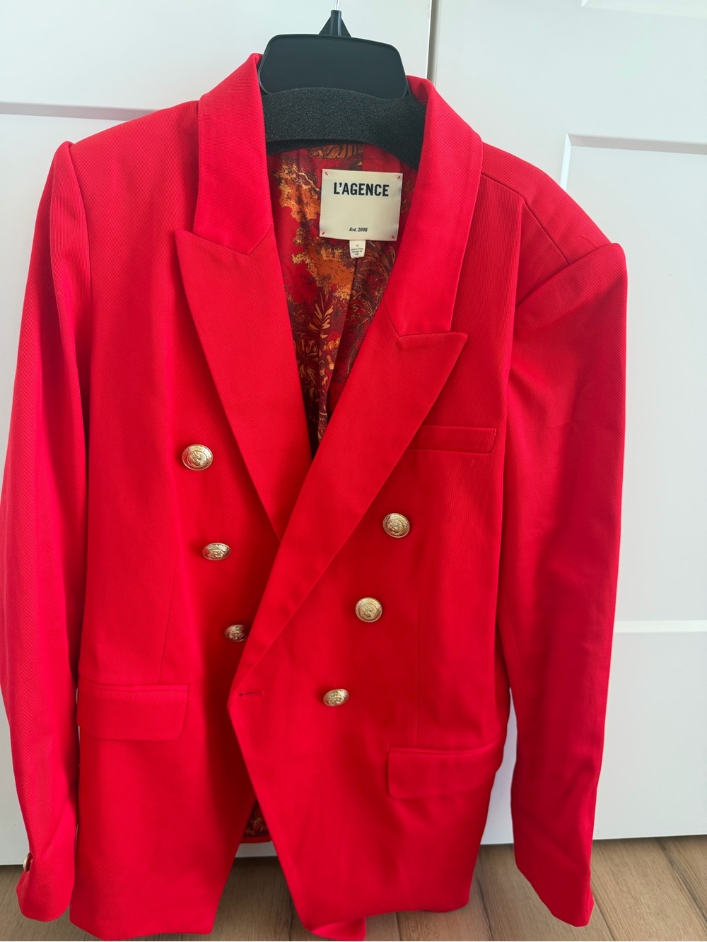 L'AGENCE Red Double-Breasted Blazer with Gold Buttons